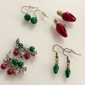 4 Vintage Sets of Holiday Christmas Jingle Bells Lights Dangle Drop Earrings